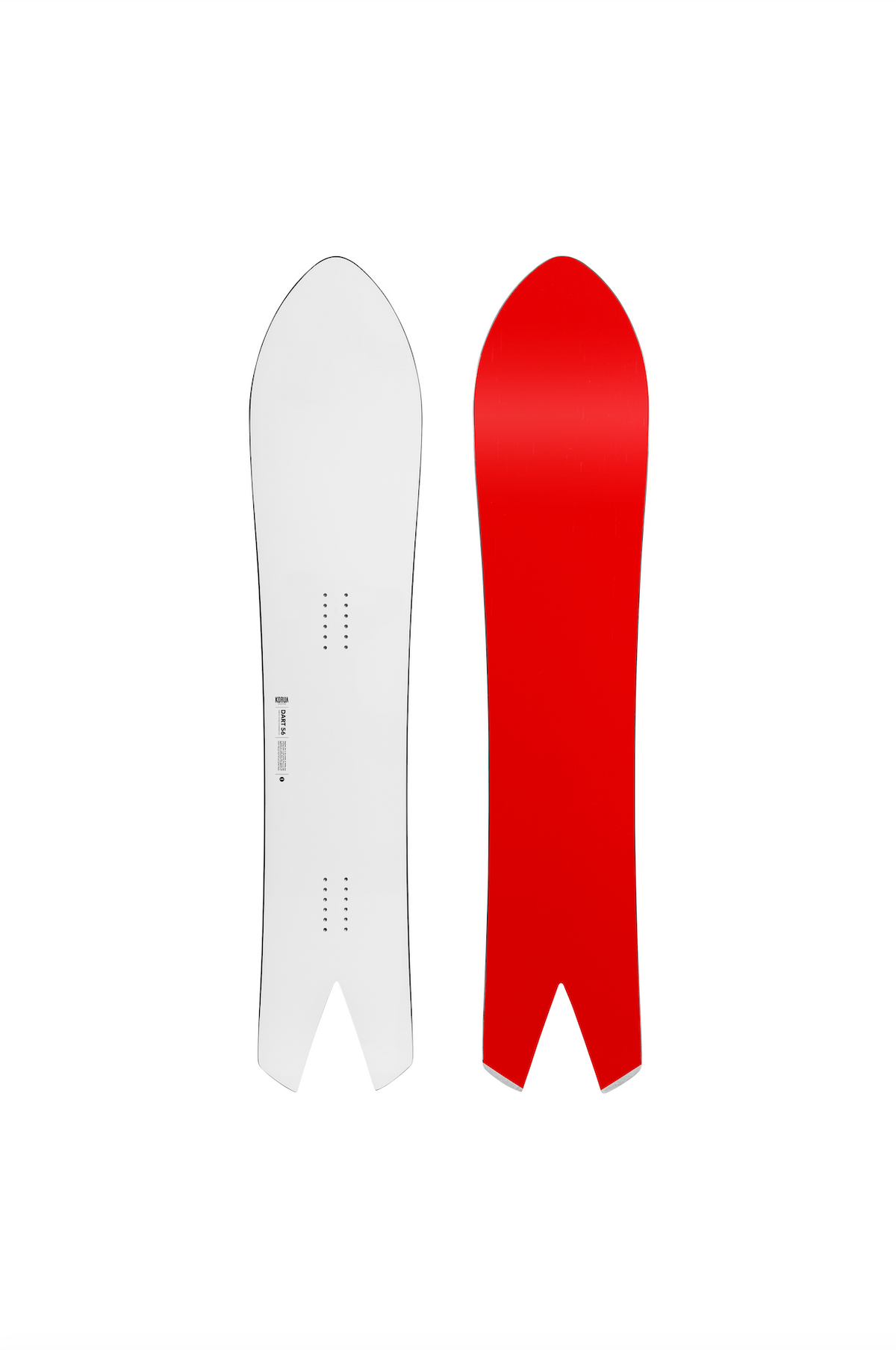 Korua Dart snowboard showing top sheet and base with red accents on a white background, designed for snowboarding performance.