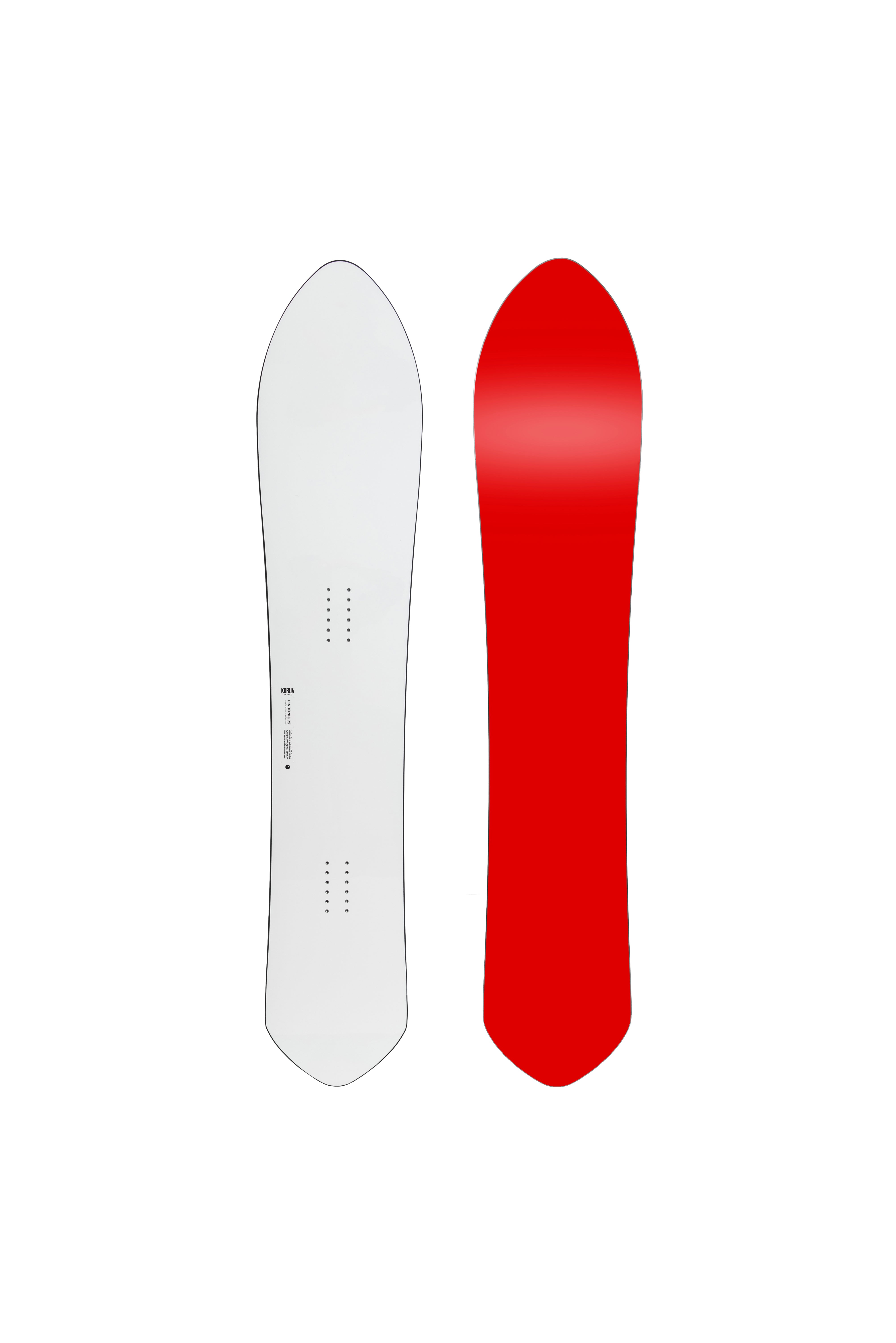 Korua Pin Tonic snowboard showing top and base, designed for snowboarding with a sleek shape and bold graphics.
