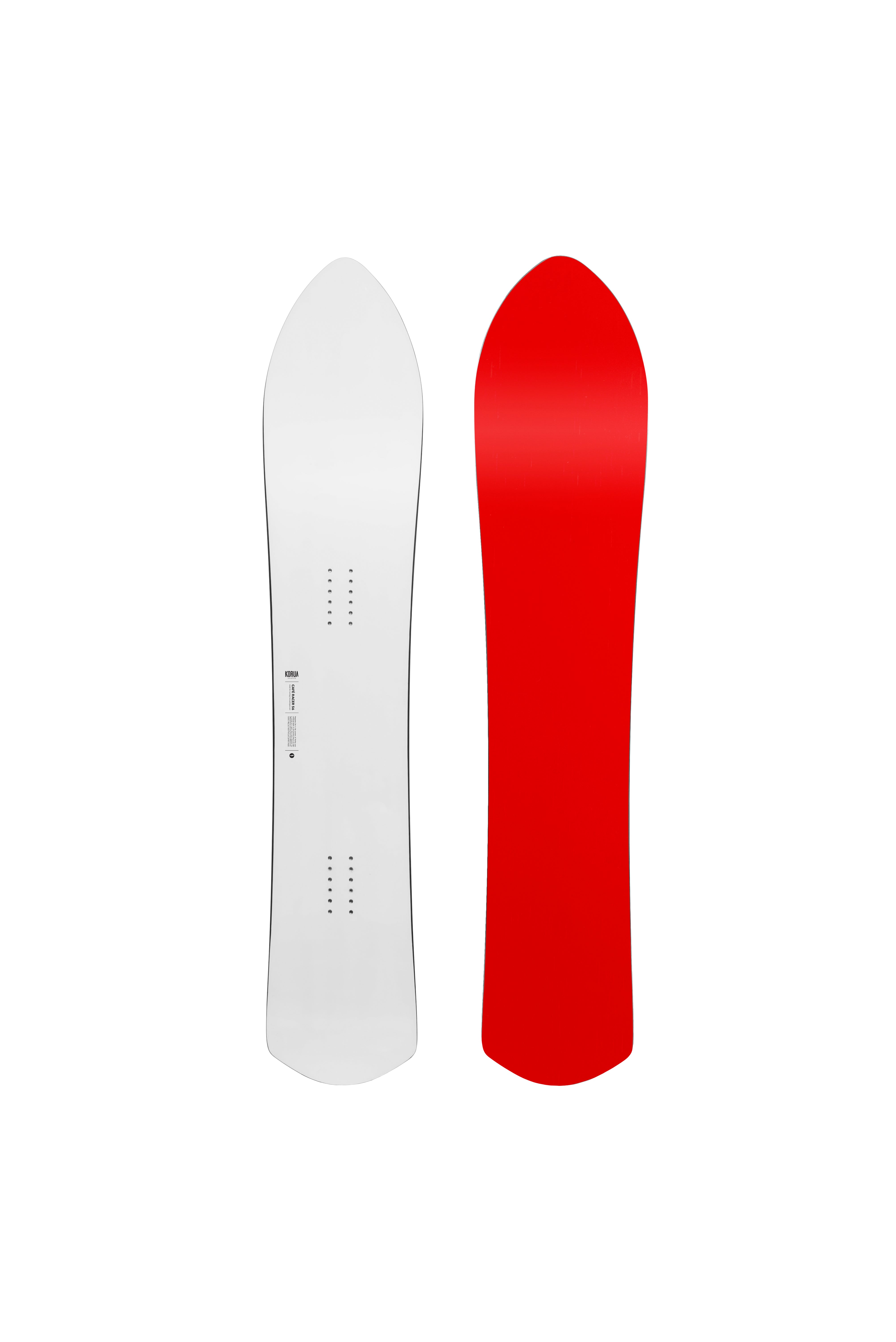 Korua Cafe Racer snow snowboard with a sleek design, featuring a twin tip shape ideal for versatile snowboarding styles.