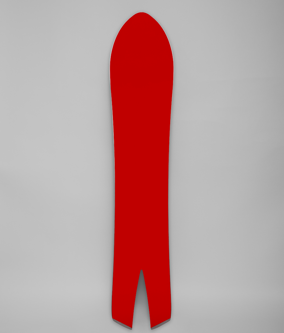 Koru Shapes stork snowboard base in red with a studio grey background
