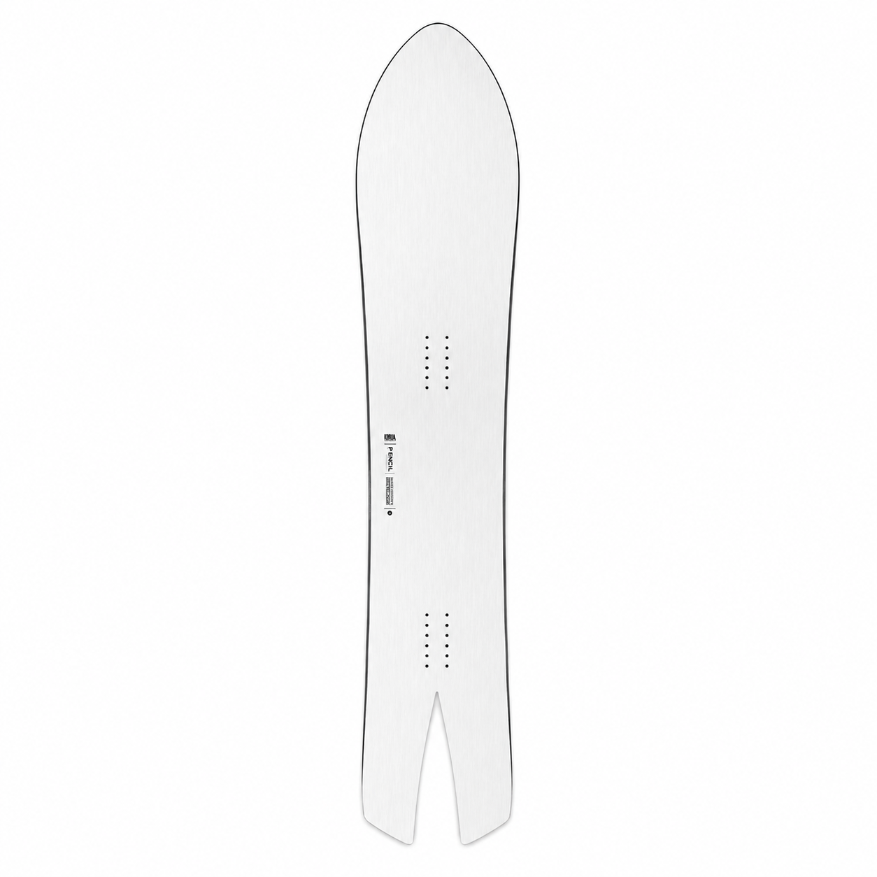A white Korua snowboard shown from the top side against a plain white background, featuring black binding inserts and a small black korua logo for milosport.
