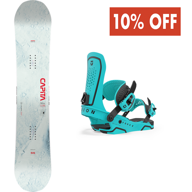 The Capita Mercury Snowboard and the Union Force Snowboard Binding Package in Cyan