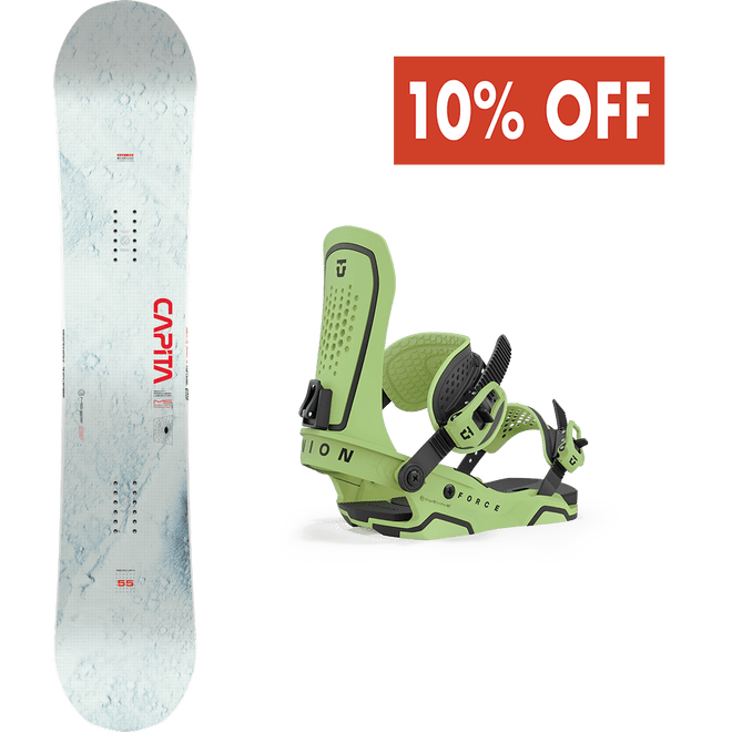 The Capita Mercury Snowboard and the Union Force Snowboard Binding Package in Green