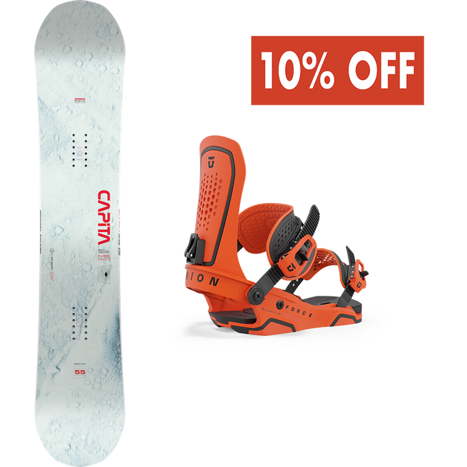 The Capita Mercury Snowboard and the Union Force Snowboard Binding Package in Orange
