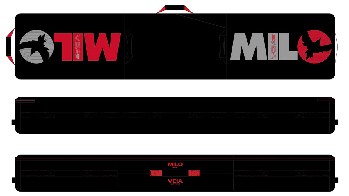 The Milosport x VEIA Explorer wheeled snowboard travel bag Showing both sided and the top view