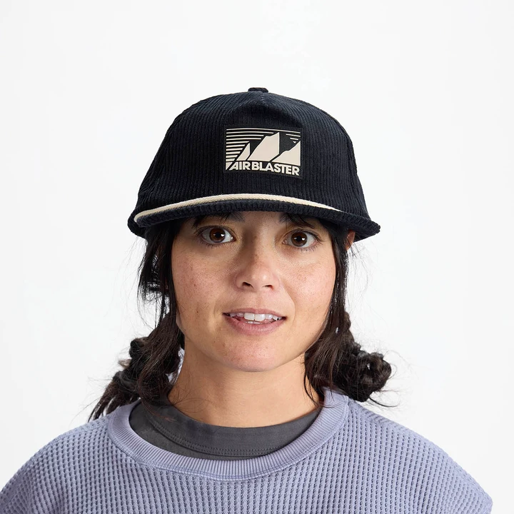 Airblaster Corduroy Cap 2027 in Black shown from the front with corduroy construction, contrast rope detail and Airblaster logo patch.