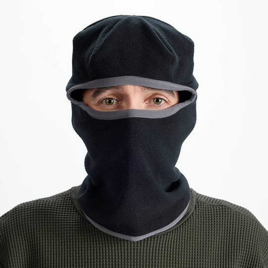 Airblaster Cozy Fleece Face Tube 2027 in Black shown from the front with full fleece head, face and neck coverage and grey trim around the eye opening.