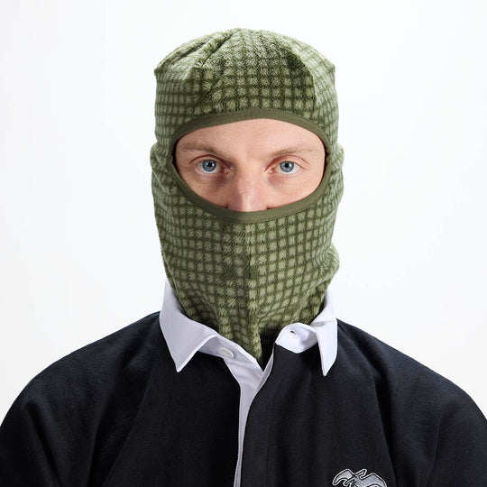 Airblaster Cozy Fleece Face Tube 2027 in Olive Grid shown from the front with grid-pattern fleece construction and full balaclava-style coverage.