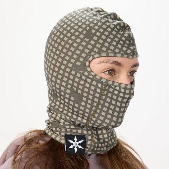 Airblaster Ninja Face 2027 in Olive Grid with stretch balaclava fit, grid-pattern fabric and full neck coverage.