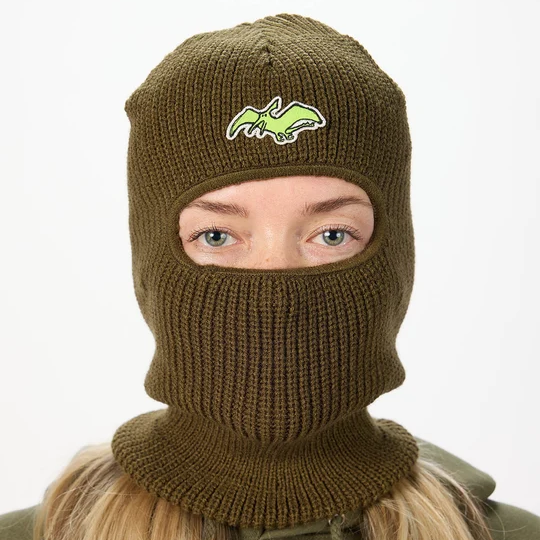 Airblaster Terryclava 2027 in Olive shown from the front with rib-knit balaclava construction, full face and neck coverage and Airblaster bat logo patch.