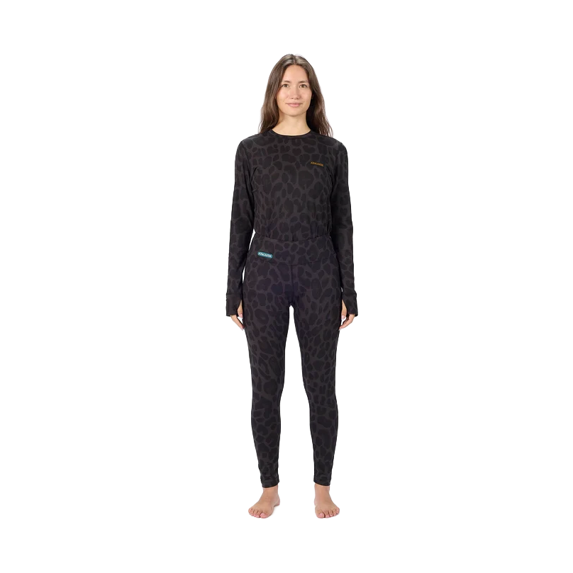Airblaster Women’s Base Layer Top 2027 in Black Leopard shown from the front with long sleeves, crew neck and matching base layer bottoms.