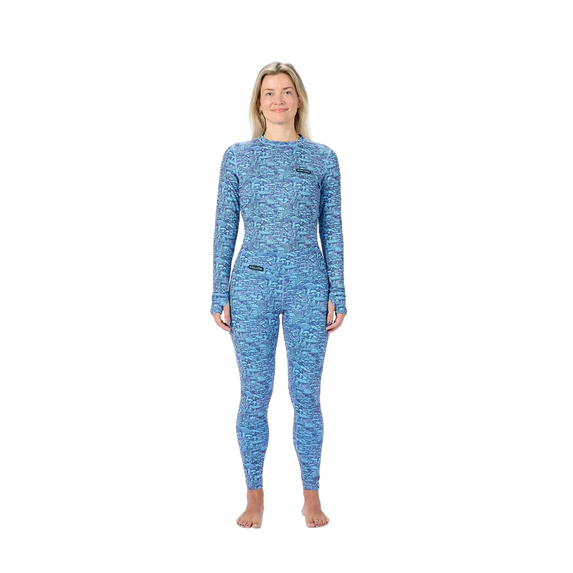 Airblaster Women’s Base Layer Top 2027 in Dawn Mycelium shown from the front with blue all-over print, long sleeves and matching base layer bottoms.