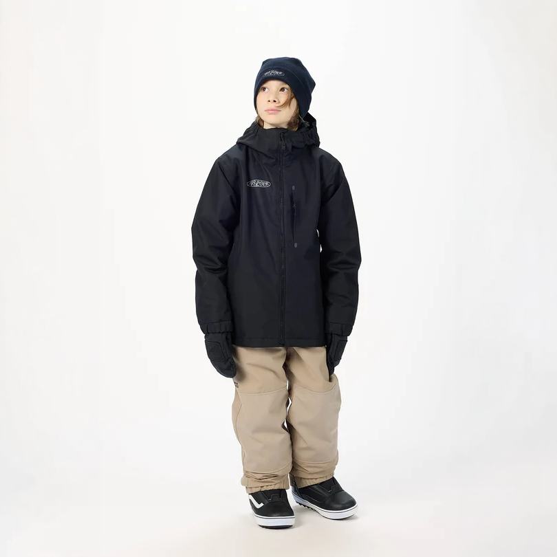 Airblaster Youth Access Jacket 2027 in Black shown from a front three-quarter angle with hood, full front zipper, chest pocket and relaxed youth fit.