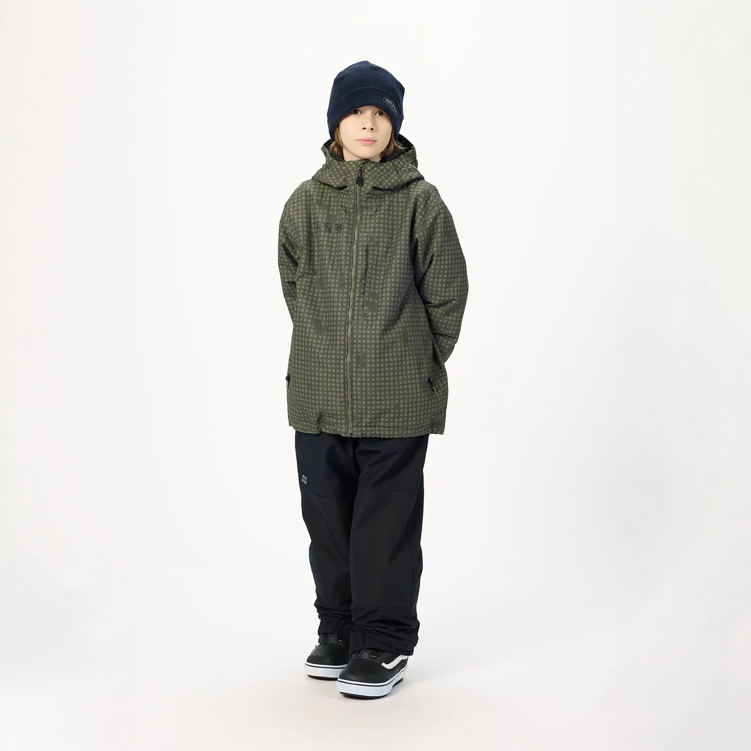 Airblaster Youth Access Jacket 2027 in Olive Grid shown from the front with hood, full zipper, chest pocket and all-over grid pattern.