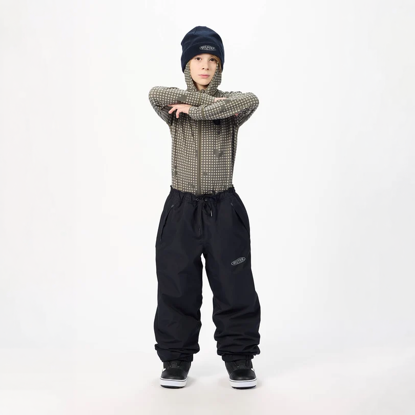 Front view of the Airblaster Youth Access Pant 2027 in Black showing the relaxed fit, drawcord waist, front pockets and Airblaster logo on the thigh.