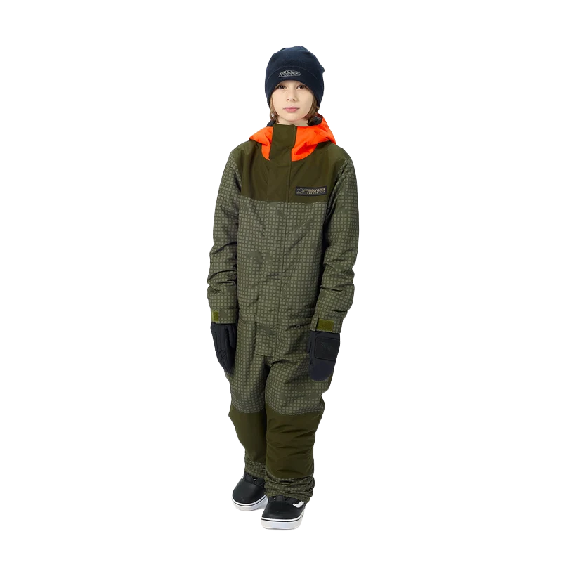 Airblaster Youth Freedom Suit 2027 in Olive Grid Orange shown from a front three-quarter angle with olive grid body, orange hood and reinforced olive knee panels.