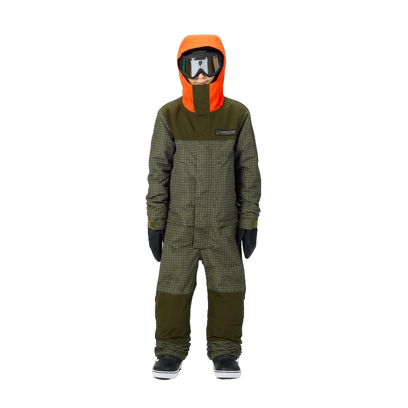Front view of the Airblaster Youth Freedom Suit 2027 in Olive Grid Orange with orange hood, olive grid shell, zippered hand pockets and reinforced knee panels.