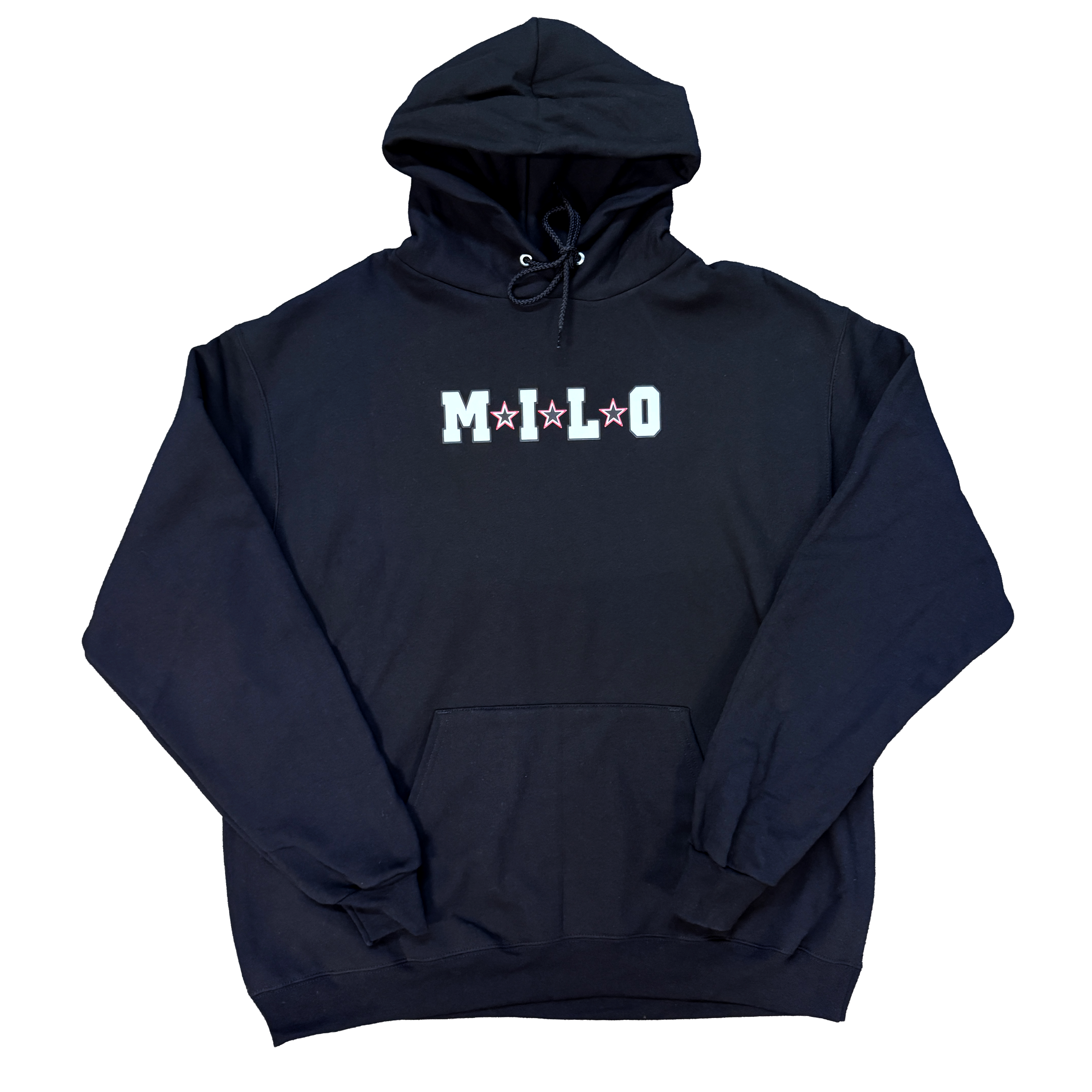Milosport Blend Stars premium Champion hoodie in black with white Milo chest lettering, red star accents, drawstring hood and kangaroo pocket.