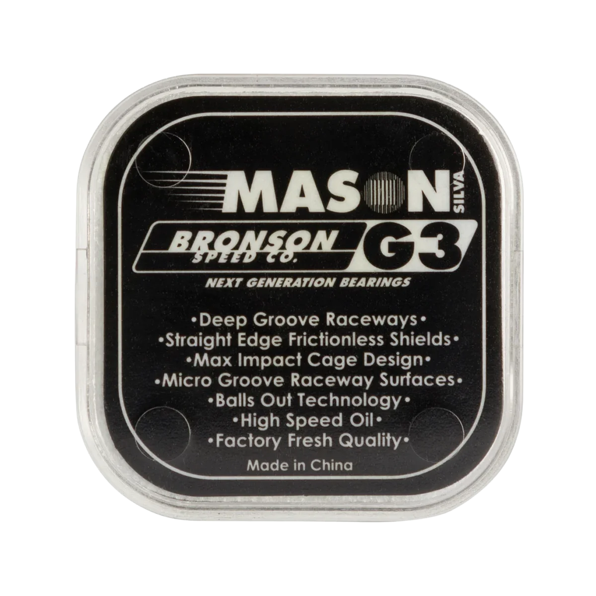 Front view of the Bronson Mason Silva Pro G3 skateboard bearing storage case with G3 specifications and Mason Silva branding.