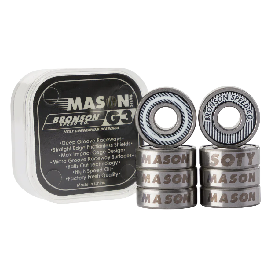 Bronson Speed Co. Mason Silva Pro G3 skateboard bearings shown with storage case, black and white striped shields and Mason Silva laser-etched outer races.
