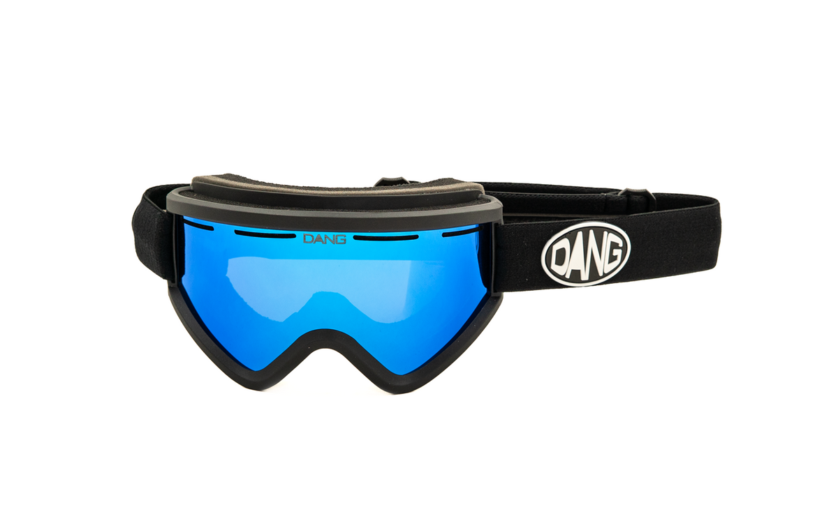 Dang Shades OG V.4 Snow Goggle with black frame, blue mirror lens and black Dang logo strap.