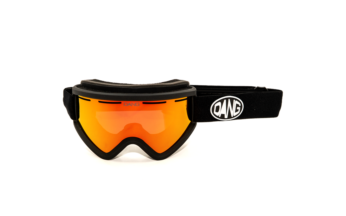 Dang Shades OG V.4 Snow Goggle with black frame, orange fire mirror lens and black Dang logo strap.