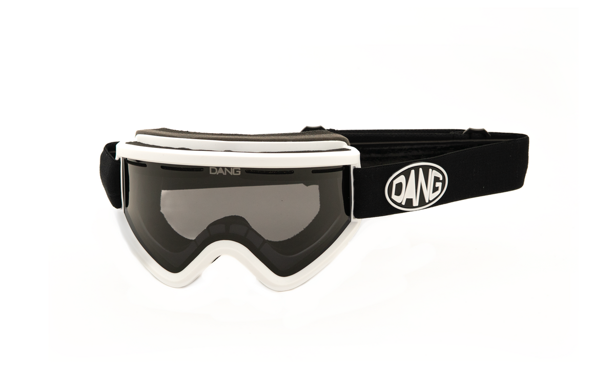 Dang Shades OG V.4 Snow Goggle with white frame, smoke lens and black Dang logo strap.