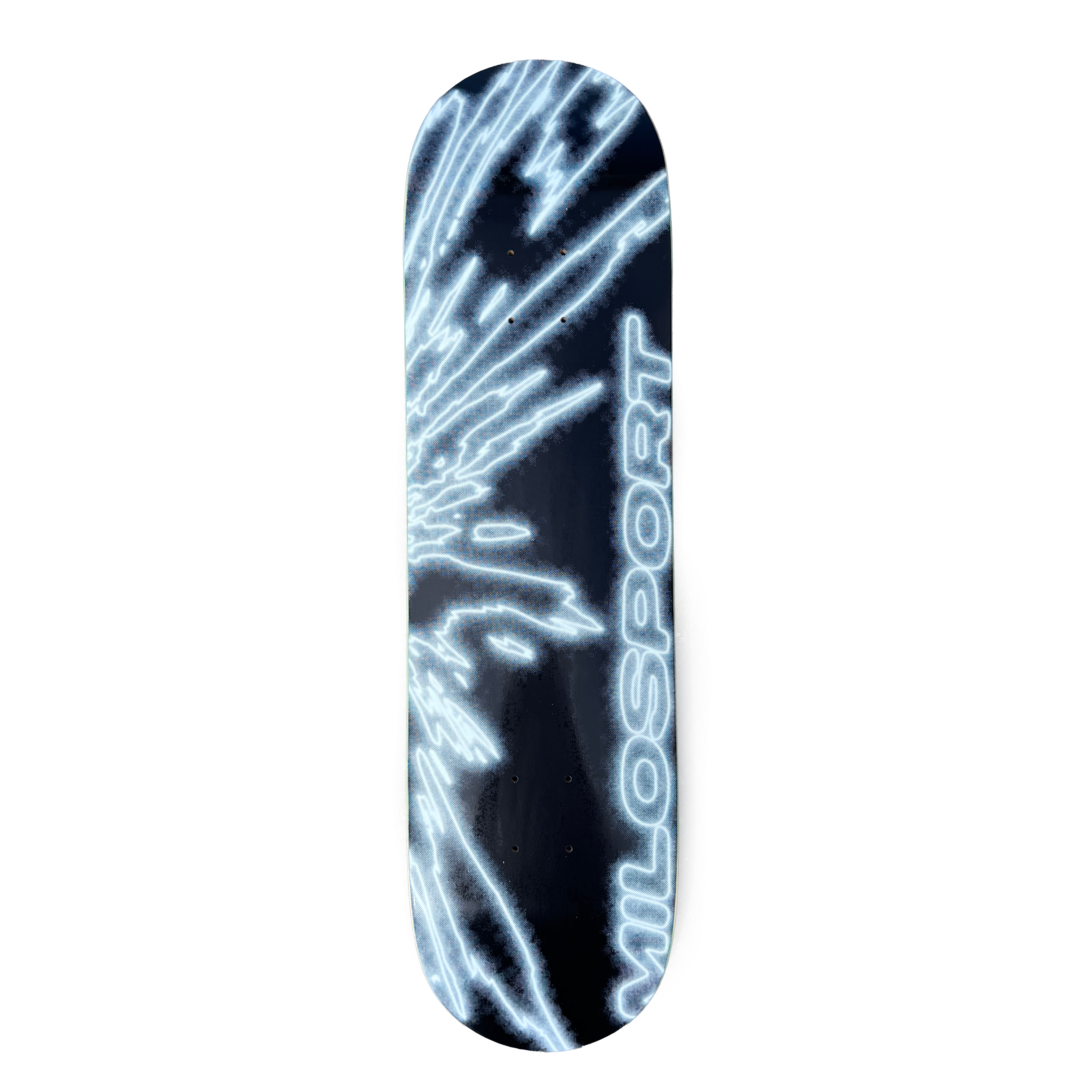 Milosport Elbow Fracture skateboard deck in black and white with fractured line artwork and vertical Milosport logo.