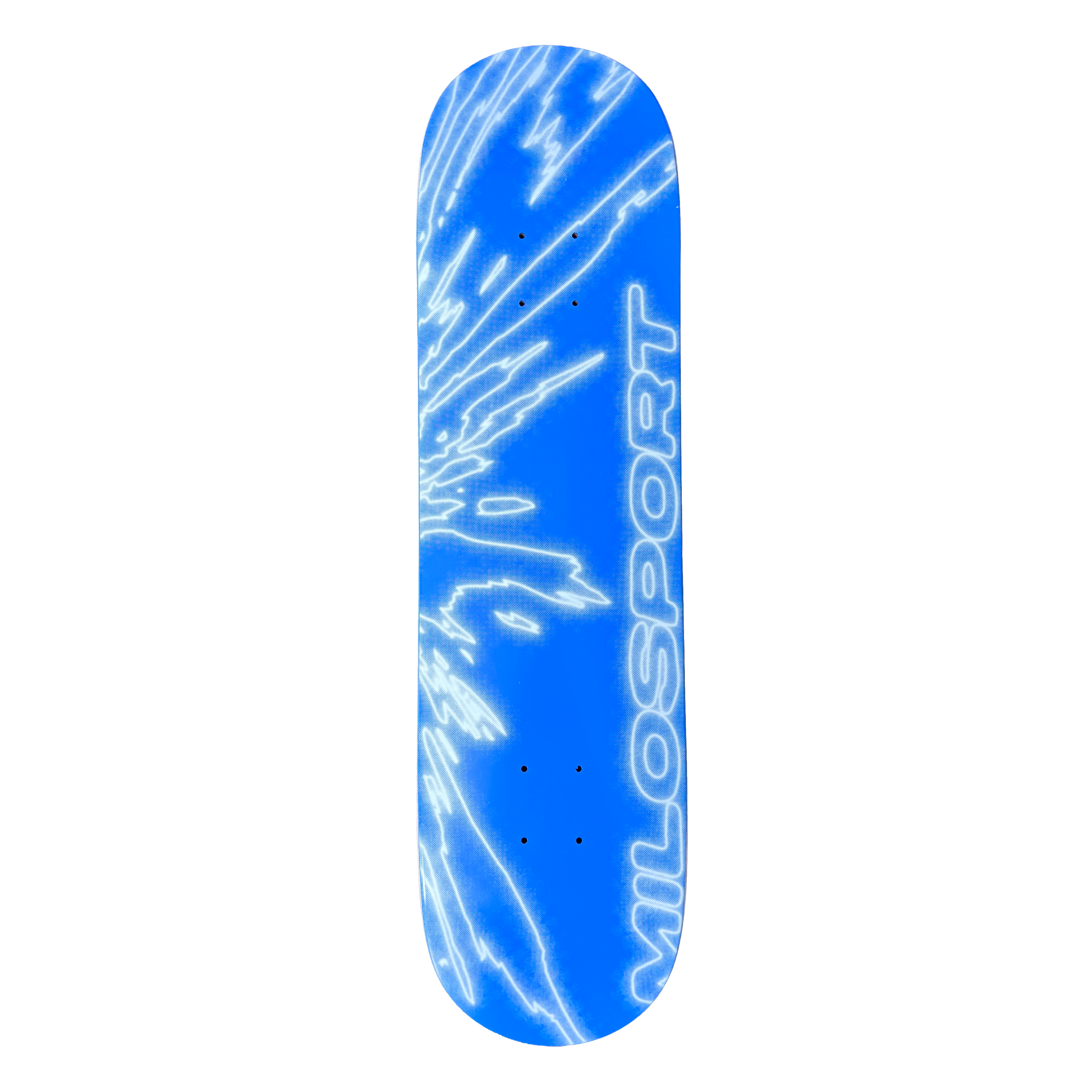 Milosport Elbow Fracture skateboard deck in blue and white with fractured line artwork and vertical Milosport logo.