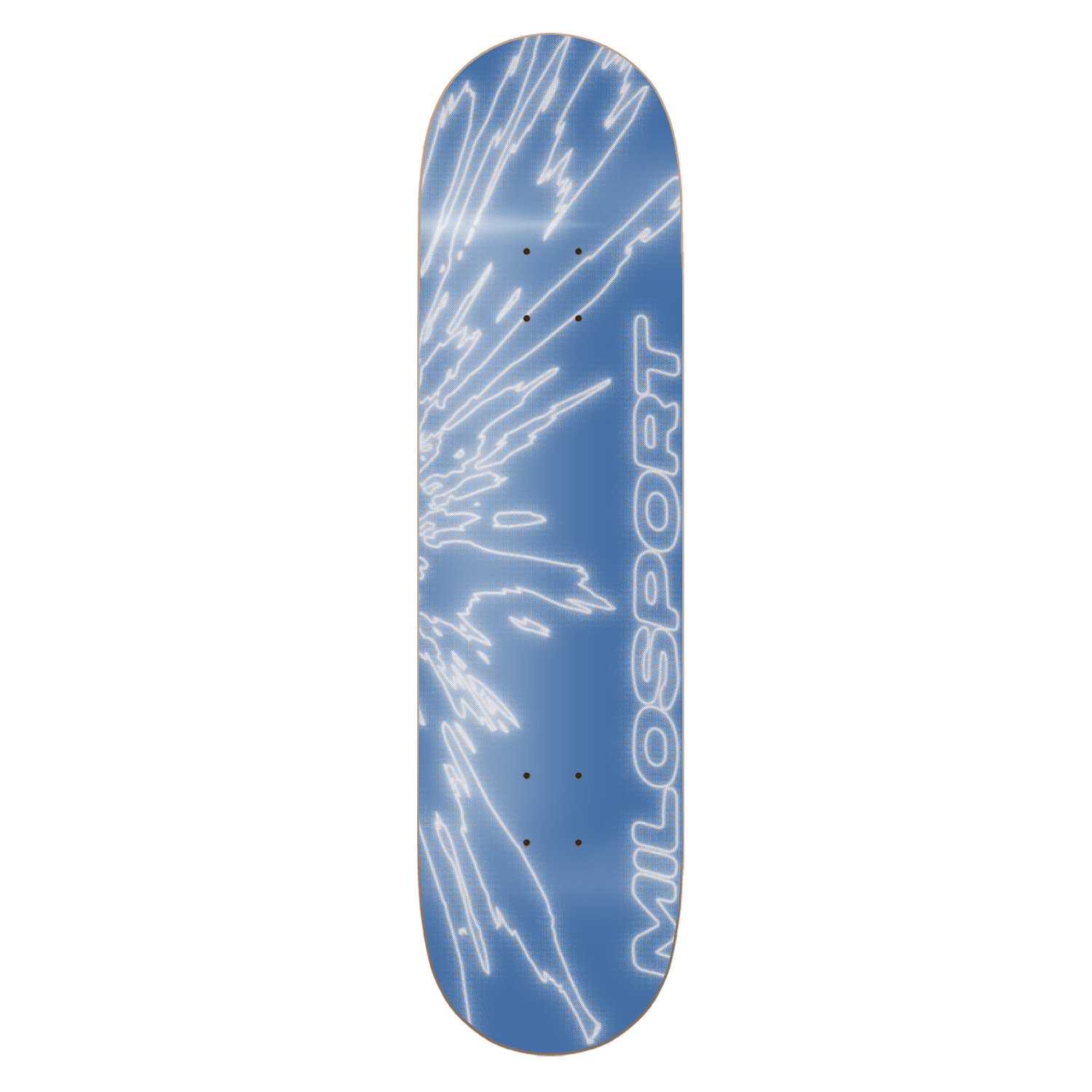 Milosport Fracture skateboard deck in blue and white with fractured line artwork and vertical Milosport logo.