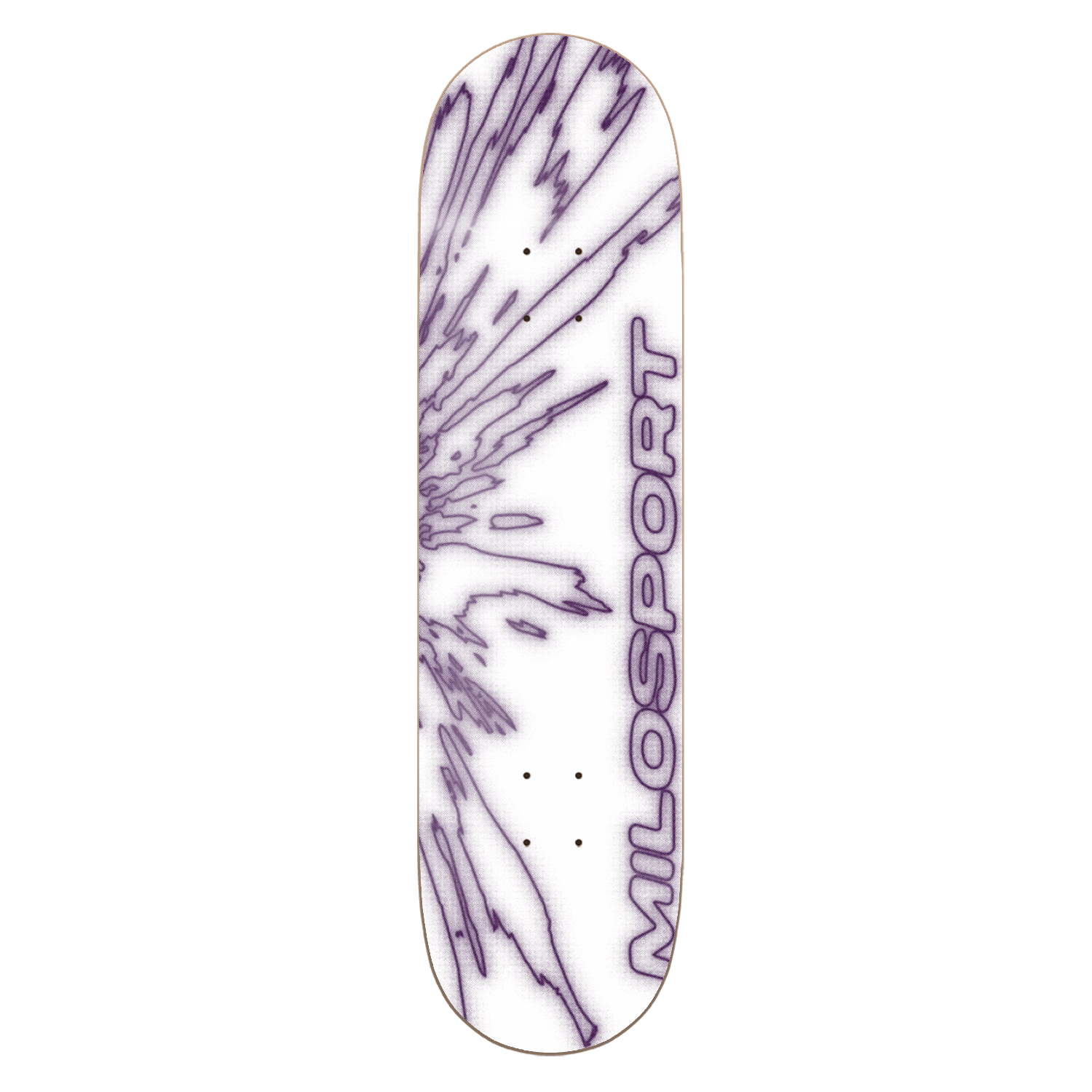 Milosport Fracture skateboard deck in white and purple with fractured line artwork and vertical Milosport logo.