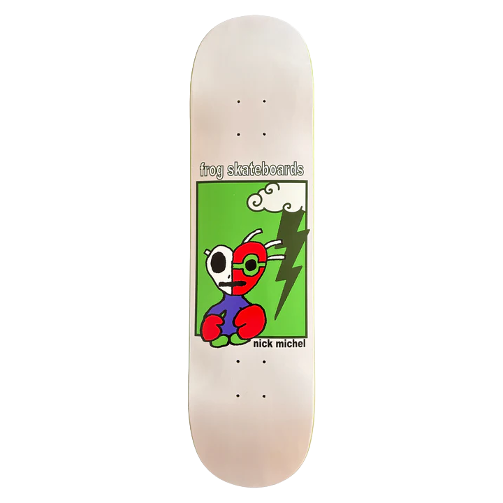 Frog Tough Guy Nick Michel skateboard deck with white topside graphic featuring green background, illustrated character, lightning bolt and Nick Michel branding.