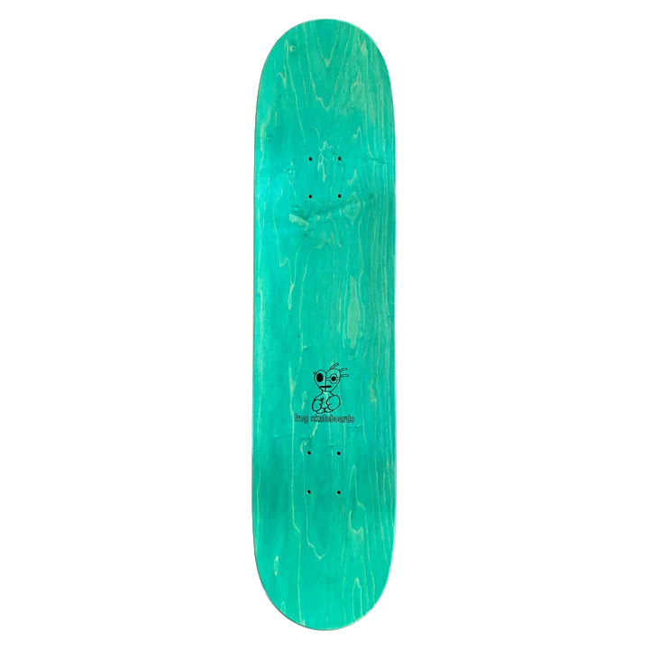 Top ply of the Frog Tough Guy Nick Michel skateboard deck with teal wood stain and small Frog Skateboards character logo.