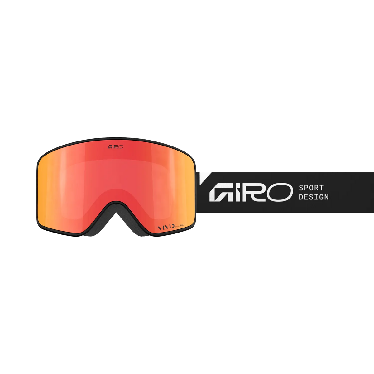Front view of Giro Method snow goggles with Black Stacked frame, orange-red Vivid Ember lens and black Giro Sport Design strap.