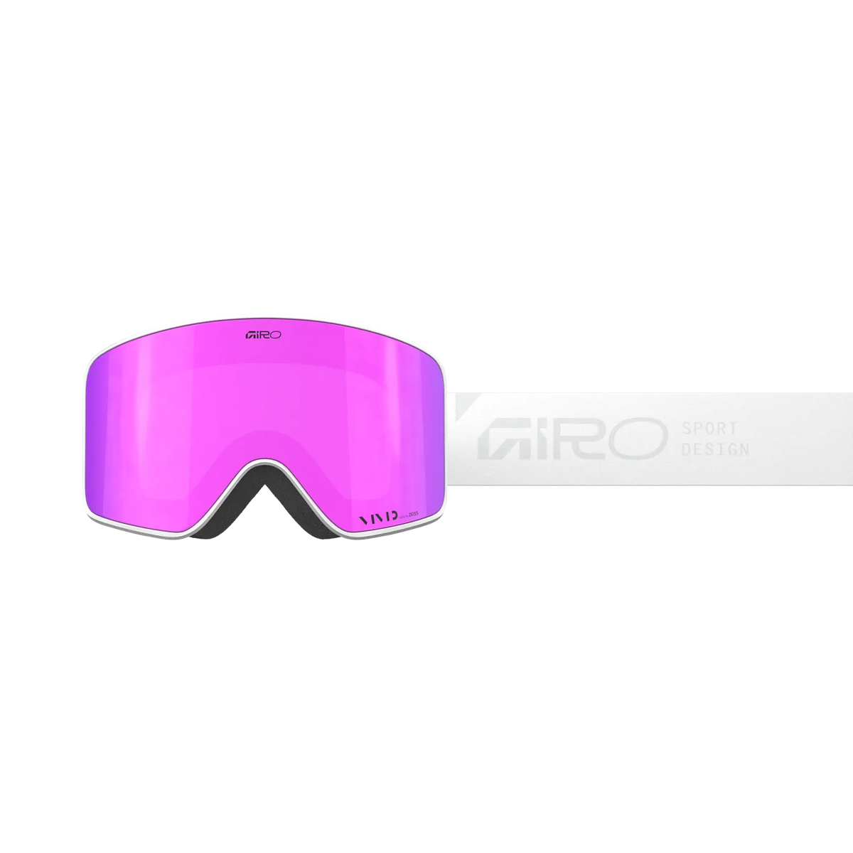 Front view of Giro Method snow goggles with Stacked White frame, bright Vivid Pink lens and white Giro Sport Design strap.