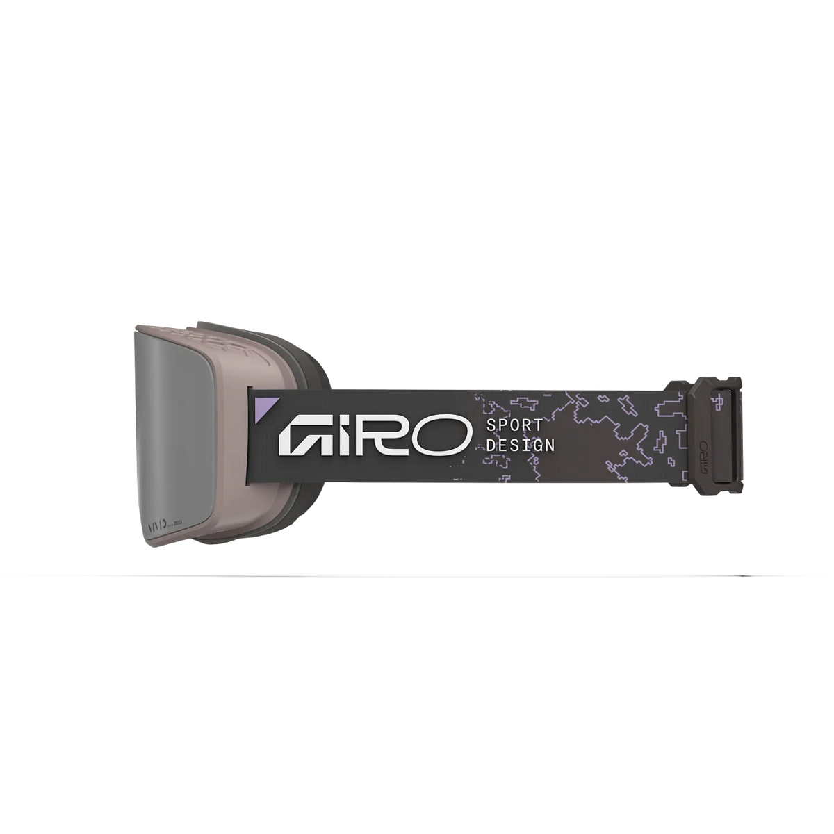 Side view of Giro Method snow goggles in Vapor Canyon Clay showing the Vivid Onyx lens and patterned Giro Sport Design strap.