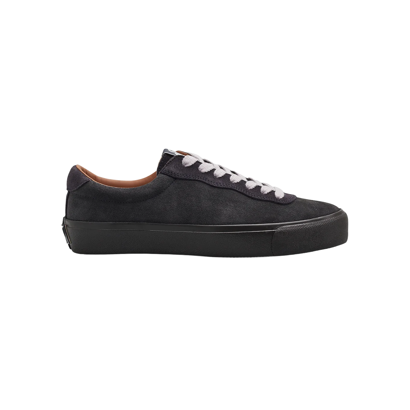 Last Resort AB VM001 Lo Suede skate shoe in Grape Magnet and Black, outer side profile with suede upper, white laces and black vulcanized sole.