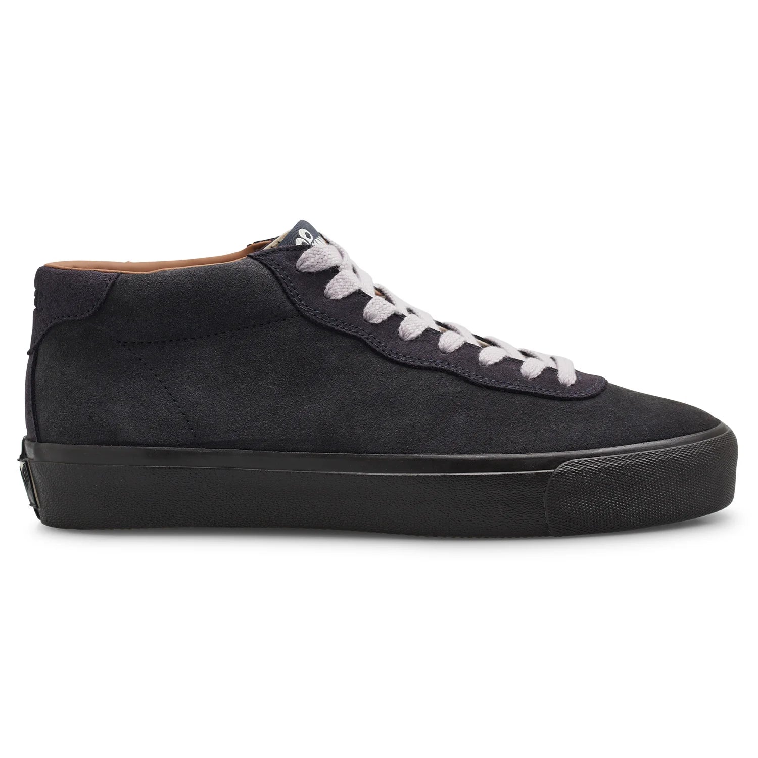 Last Resort AB VM001 Mid Suede skate shoe in Grape Magnet and Black, outer side profile with suede upper, white laces and black vulcanized sole.
