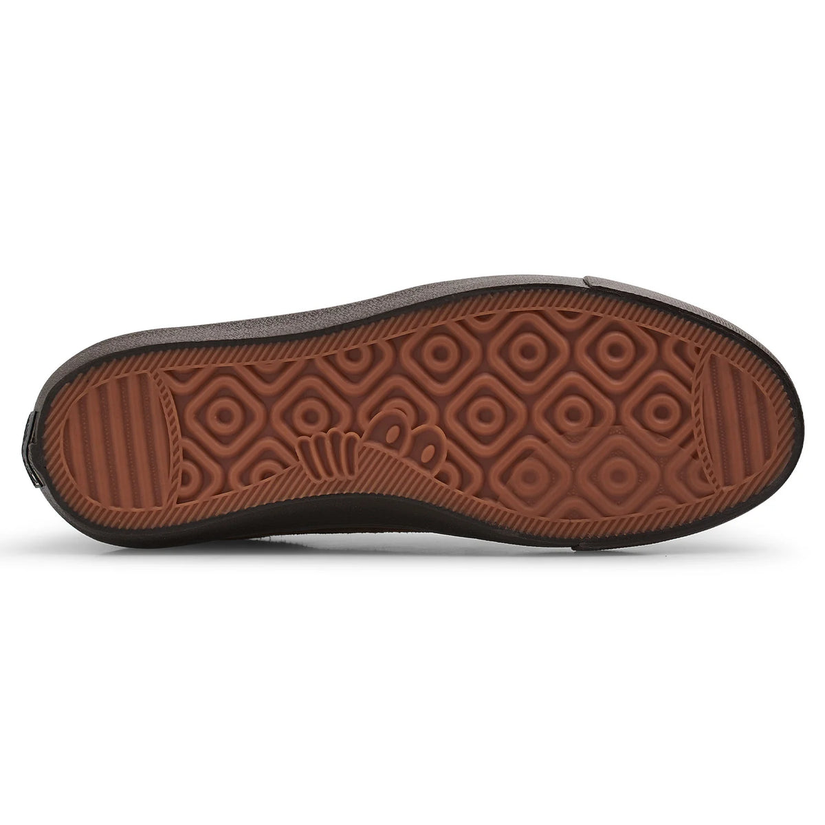 Bottom view of the gum rubber outsole and custom geometric tread pattern on the Last Resort AB VM001 Mid Suede skate shoe.