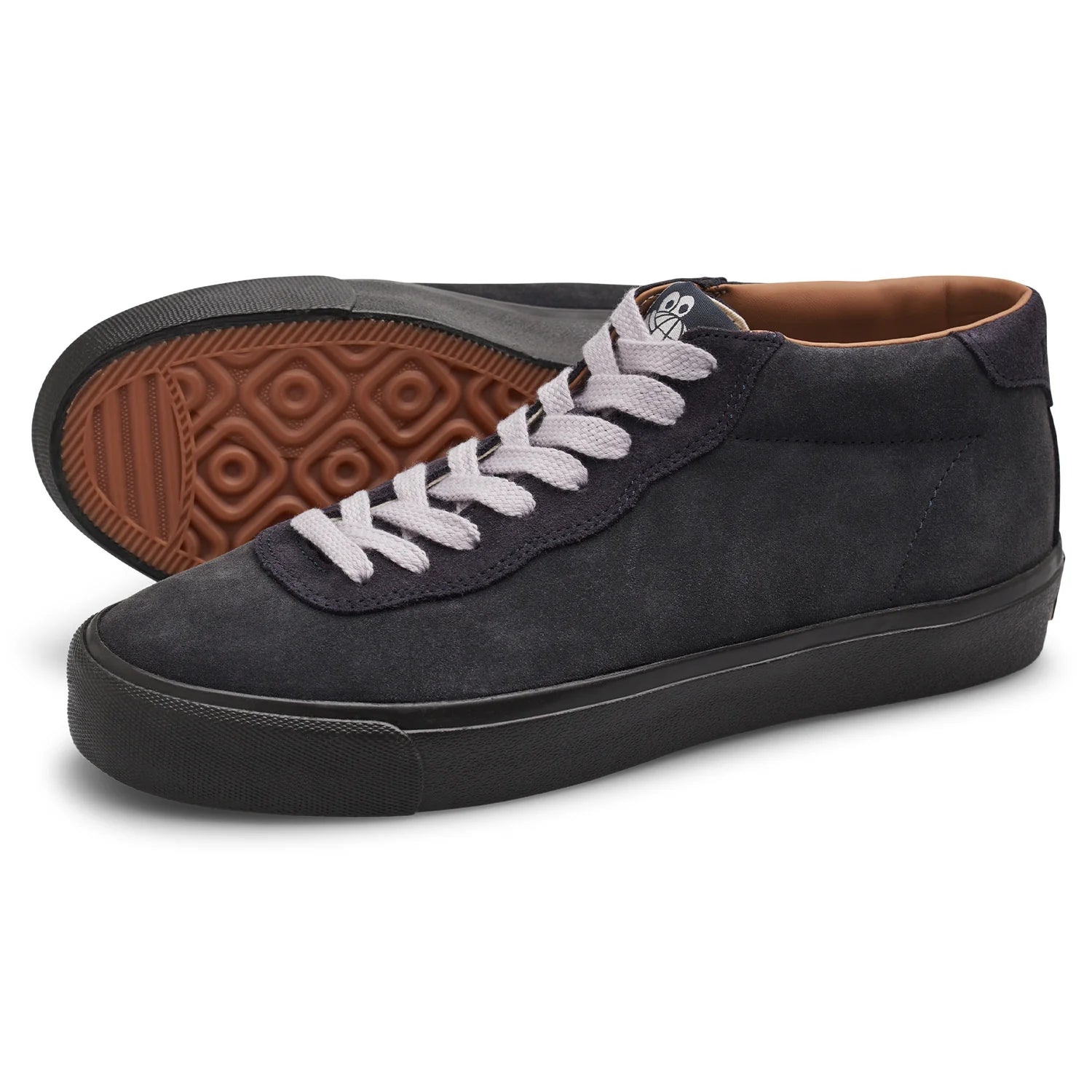 Pair of Last Resort AB VM001 Mid Suede skate shoes in Grape Magnet and Black shown from a front three-quarter angle with gum outsole visible.