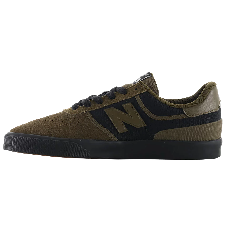 Inner side profile of the New Balance Numeric 272 skate shoe in Dark Olive and Black with suede toe, canvas side panel and black vulcanized sole.