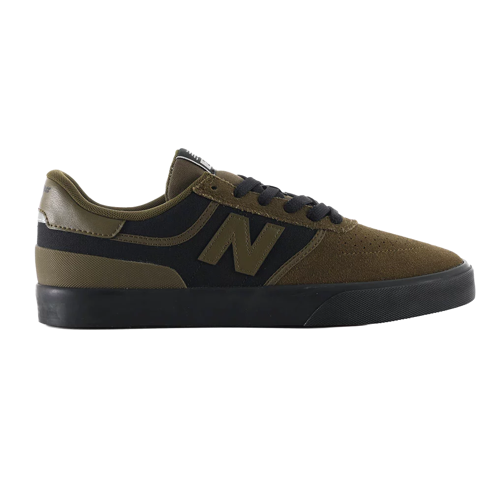New Balance Numeric 272 skate shoe in Dark Olive and Black, outer side profile with suede and canvas upper and black vulcanized sole.