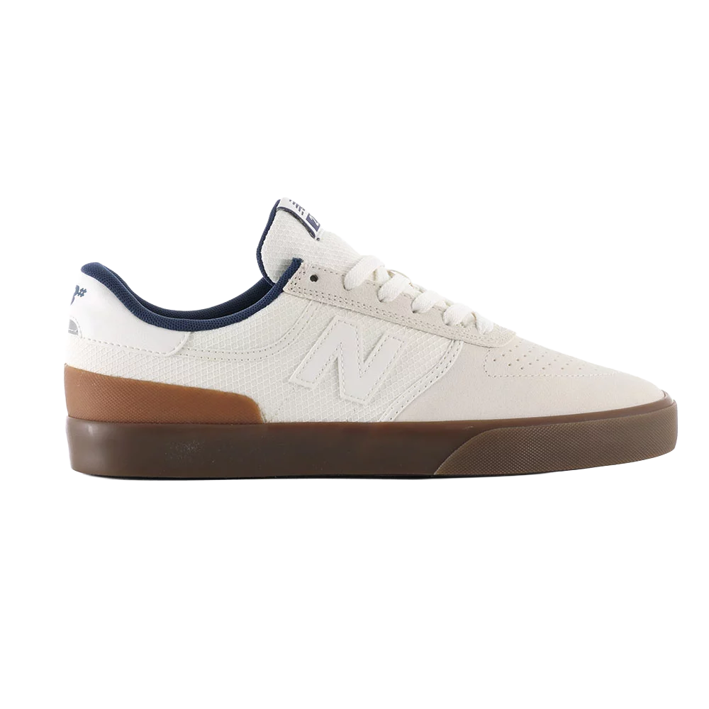 New Balance Numeric 272 skate shoe in white and brown, outer side profile with perforated upper, white N logo, brown heel panel and gum vulcanized sole.