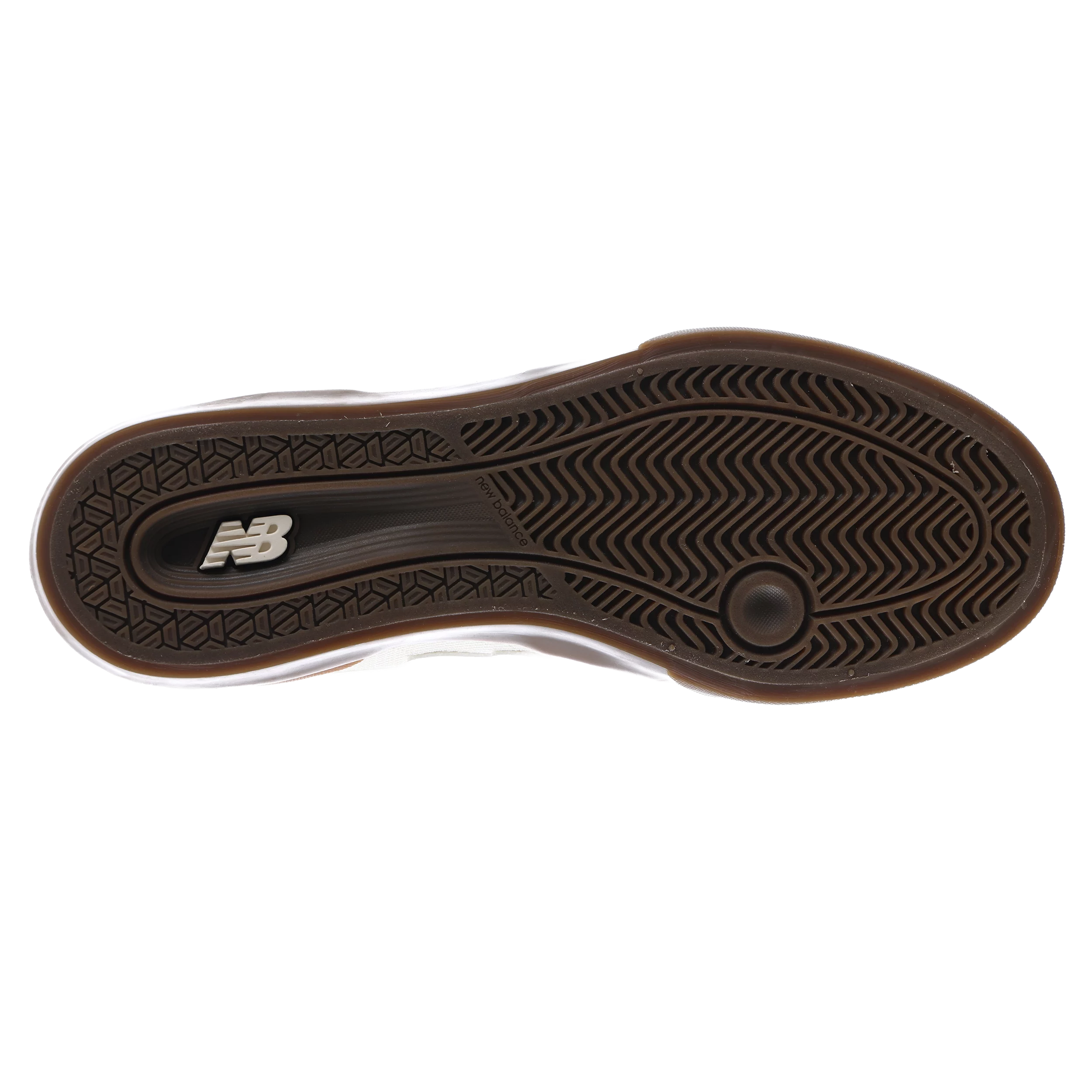 Bottom view of the brown rubber outsole and traction pattern on the New Balance Numeric 272 skate shoe.