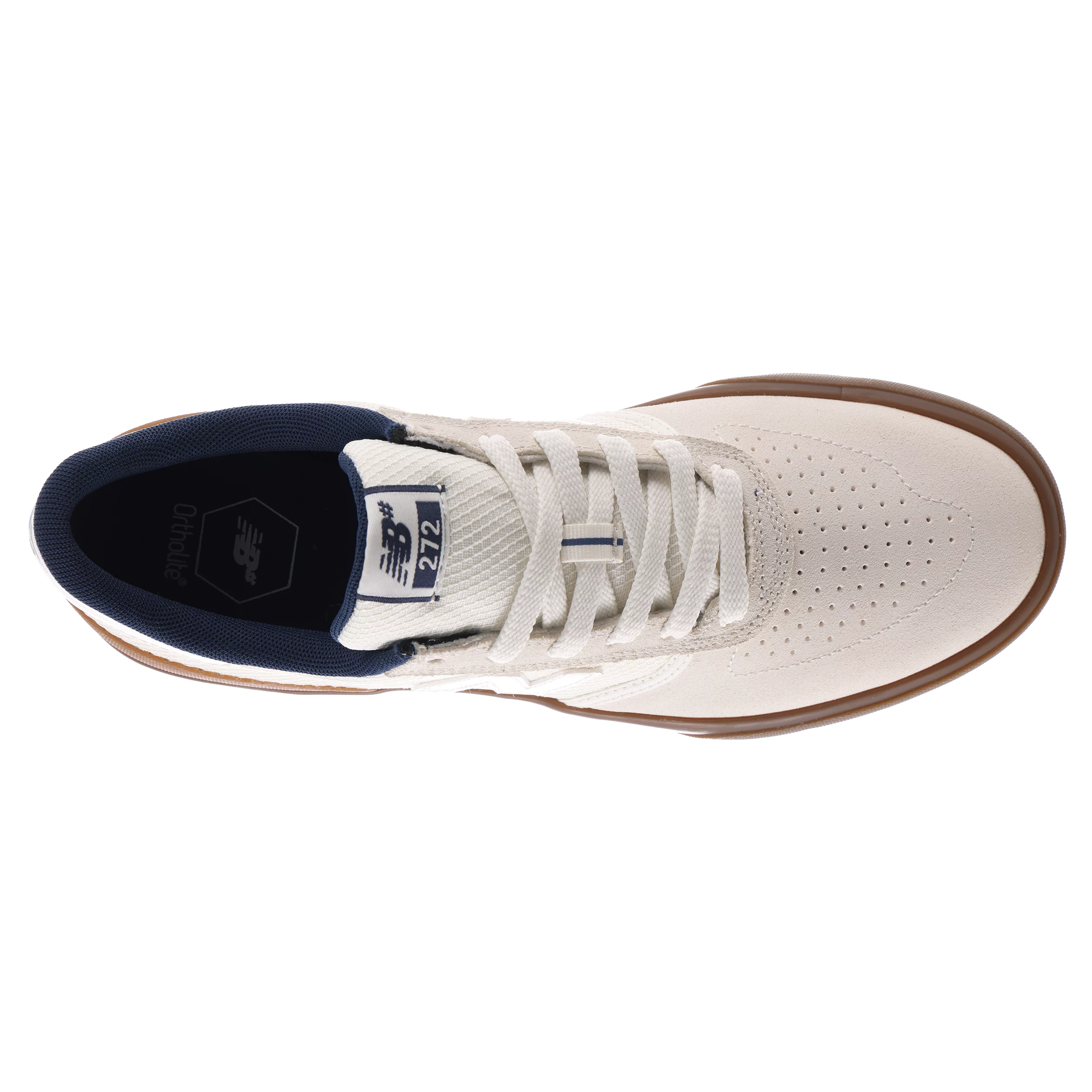 Top view of the New Balance Numeric 272 skate shoe showing white laces, perforated toe box, padded navy collar and 272 tongue label.