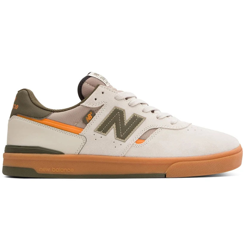 New Balance Numeric 306 Cup Foy skate shoe in grey and green, outer side profile with suede upper, olive N logo and gum cupsole.