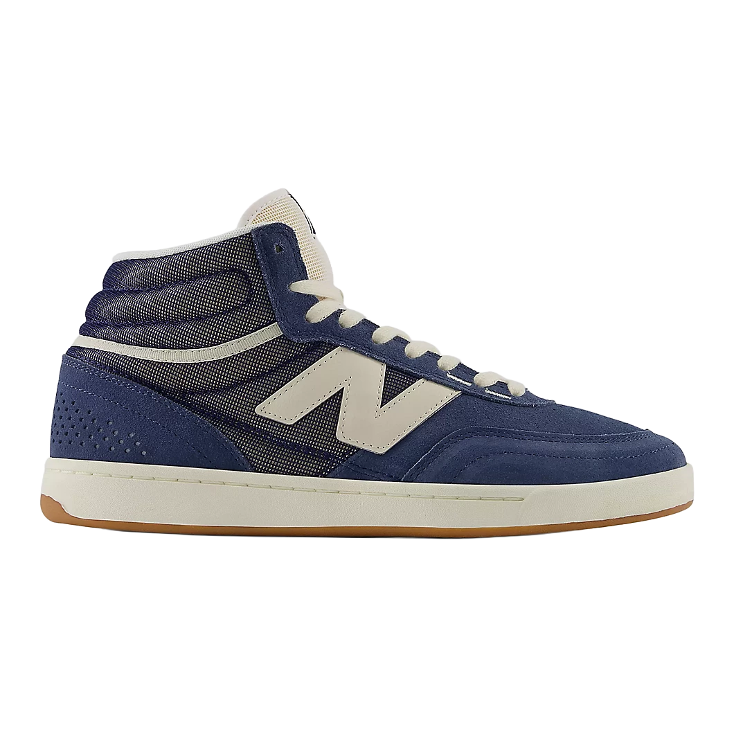 New Balance Numeric 440 High V2 skate shoe in Indigo and Sea Salt, outer side profile with suede and mesh upper.