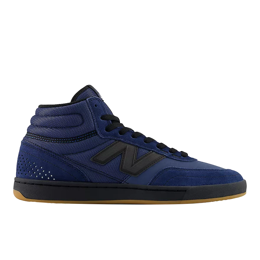 New Balance Numeric 440 High V2 skate shoe in Vintage Indigo and Black, outer side profile with suede and mesh upper, black N logo and gum outsole.