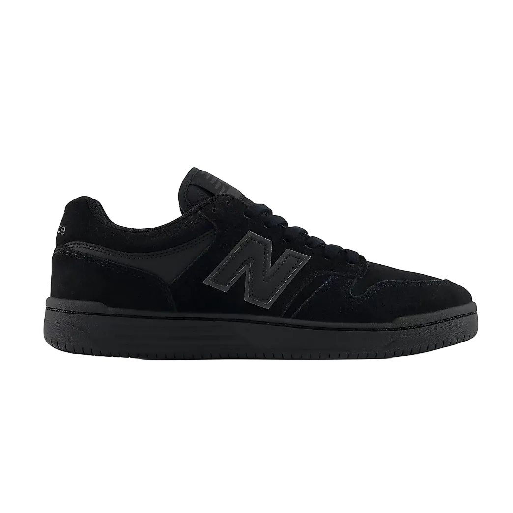 New Balance Numeric 480 skate shoe in Black and Black, outer side profile with suede upper and black cupsole.
