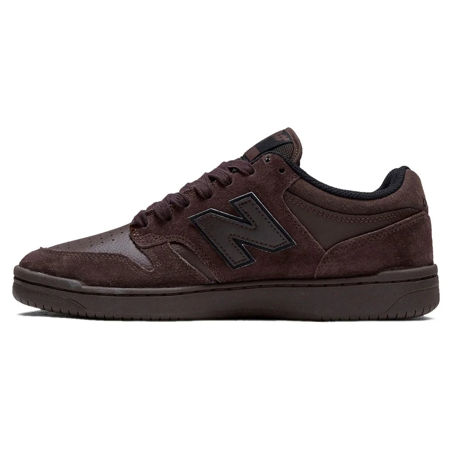 Inner side profile of the New Balance Numeric 480 skate shoe in Chocolate Brown with suede overlays, perforated toe and brown cupsole.
